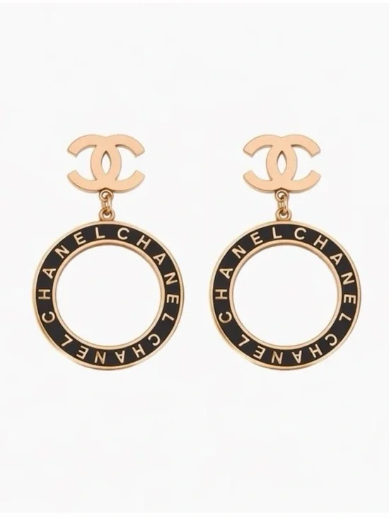 18K Gold and Black Luxury Logo Drop Earrings - Picture 2 of 3